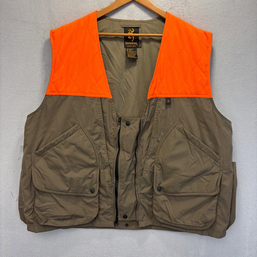 Browning Hunting Vest Mens 2XL Tan Orange Blaze Quilted Pockets Safety